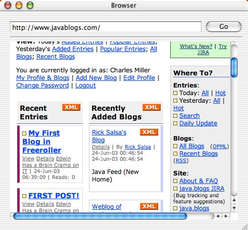 I wrote the world's simplest web browser: a window, a text-box for the URL, and JavaBlogs showing in the display area.