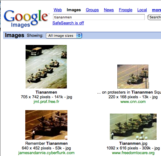 A search for 'tiananmen' returns a page of imagery from the crackdown after the pro-democracy protests of 1989