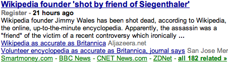 Headline 1: Wikipedia founder shot, according to Wikipedia. Headline 2: Wikipedia as accurate as Brittanica