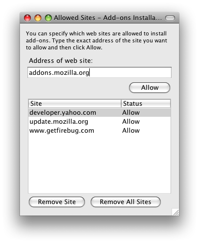 A dialog with two buttons at the bottom: Remove Site, and Remove All Sites