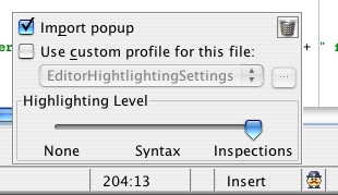 A preference pane pops up giving you the opportunity to manage whether IDEA will suggest imports, and to what extent it will highlight code