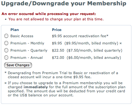 &ldquo;An error occured while processing your request: You are not allowed to change your plan at this time.&rdquo;